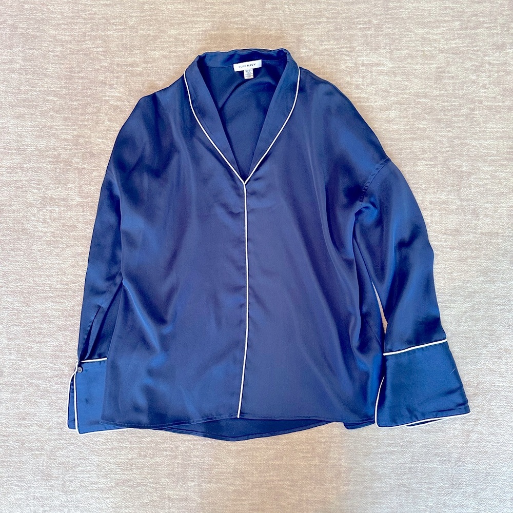 Navy Blue Satin Blouse with White Piping